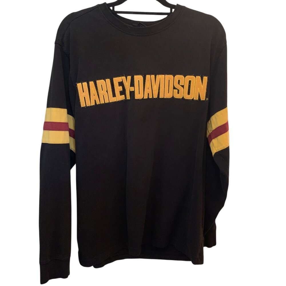 Harley Davidson Men’s Shirt Thick Long Banded Sleeves Blue & Yellow Graphics LG‎
